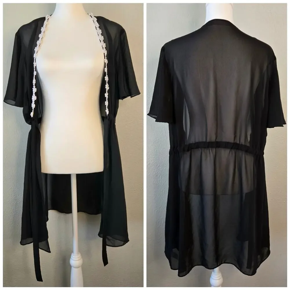 Fairycore Delicate Sheer Kimono Robe Topper Large Black Floral Detail Flowy